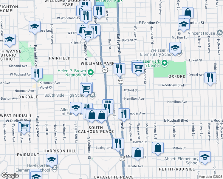 map of restaurants, bars, coffee shops, grocery stores, and more near 3414 Barr St in Fort Wayne