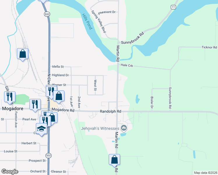 map of restaurants, bars, coffee shops, grocery stores, and more near 2355 Martin Road in Mogadore