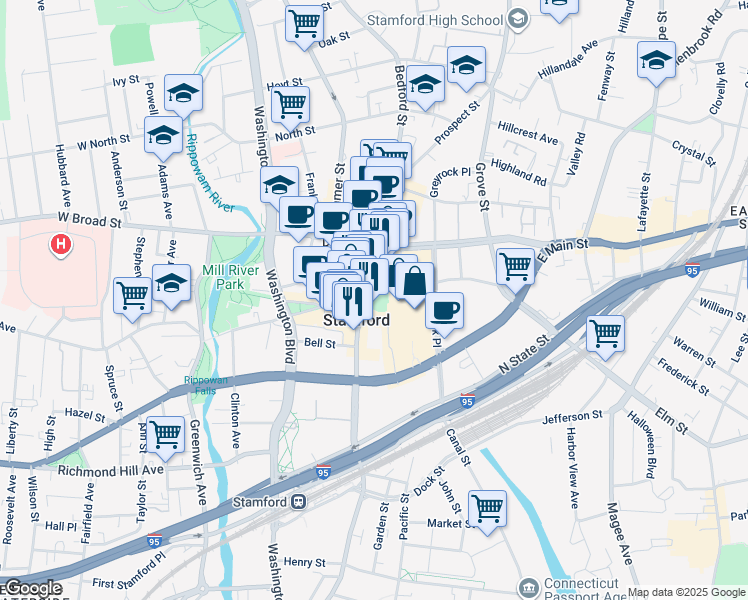 map of restaurants, bars, coffee shops, grocery stores, and more near in Stamford