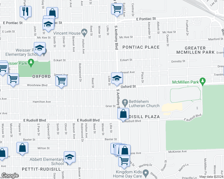 map of restaurants, bars, coffee shops, grocery stores, and more near 1712 Oxford Street in Fort Wayne