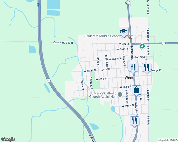 map of restaurants, bars, coffee shops, grocery stores, and more near 102 South Spruce Street in Wenona