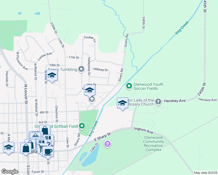 map of restaurants, bars, coffee shops, grocery stores, and more near 319 Fairview Drive in Glenwood
