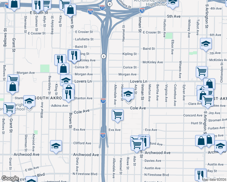 map of restaurants, bars, coffee shops, grocery stores, and more near 948 Allendale Avenue in Akron