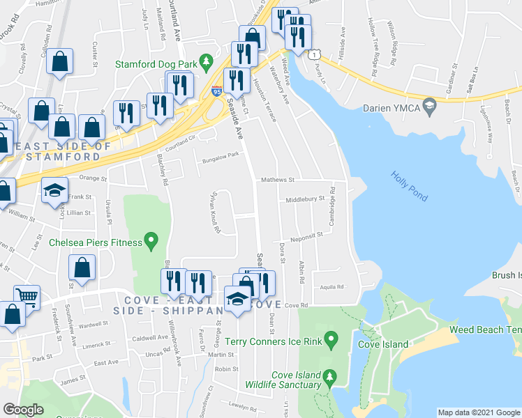 map of restaurants, bars, coffee shops, grocery stores, and more near 162 Seaside Avenue in Stamford