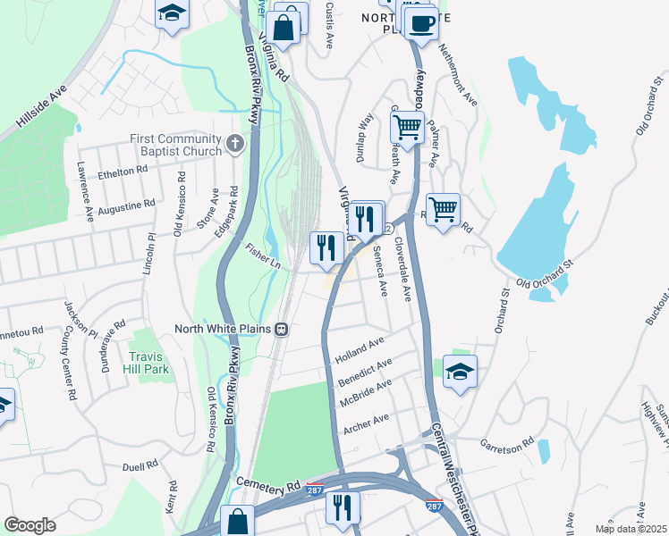 map of restaurants, bars, coffee shops, grocery stores, and more near 585 North Broadway in White Plains
