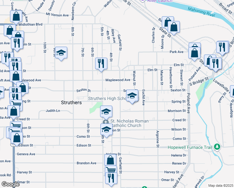 map of restaurants, bars, coffee shops, grocery stores, and more near 650 Garfield Street in Struthers