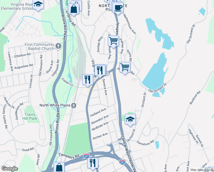 map of restaurants, bars, coffee shops, grocery stores, and more near 63 Cloverdale Avenue in White Plains