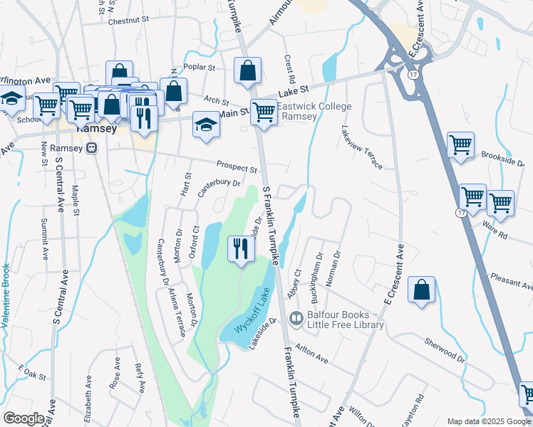 map of restaurants, bars, coffee shops, grocery stores, and more near 10 Lakeside Drive in Ramsey