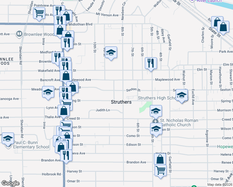map of restaurants, bars, coffee shops, grocery stores, and more near 458 Sexton St in Struthers