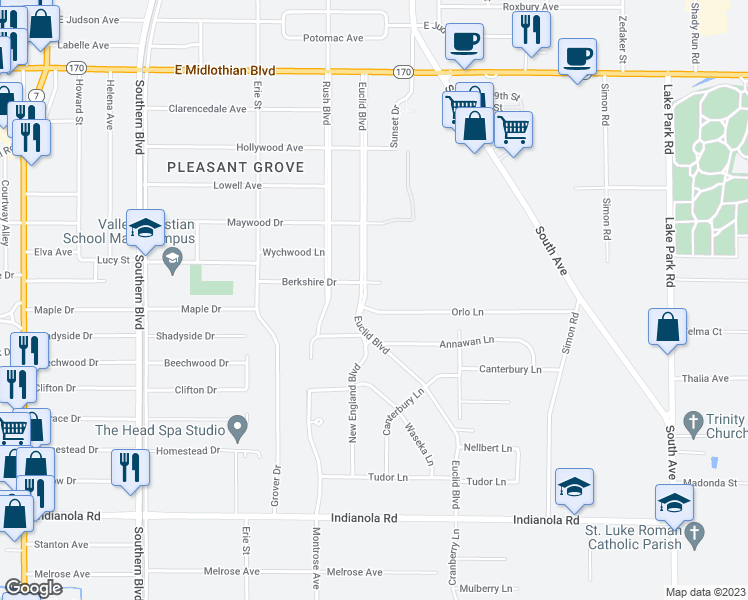 map of restaurants, bars, coffee shops, grocery stores, and more near 4523 Euclid Boulevard in Youngstown