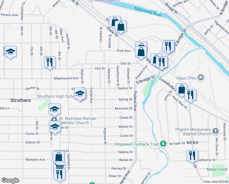 map of restaurants, bars, coffee shops, grocery stores, and more near 84 Sexton Street in Struthers