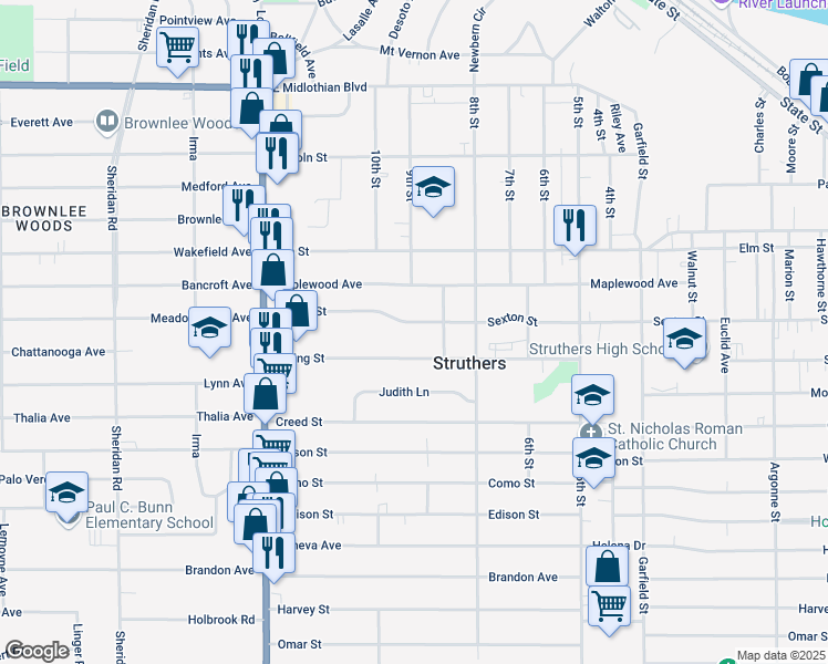 map of restaurants, bars, coffee shops, grocery stores, and more near 496 Sexton Street in Struthers