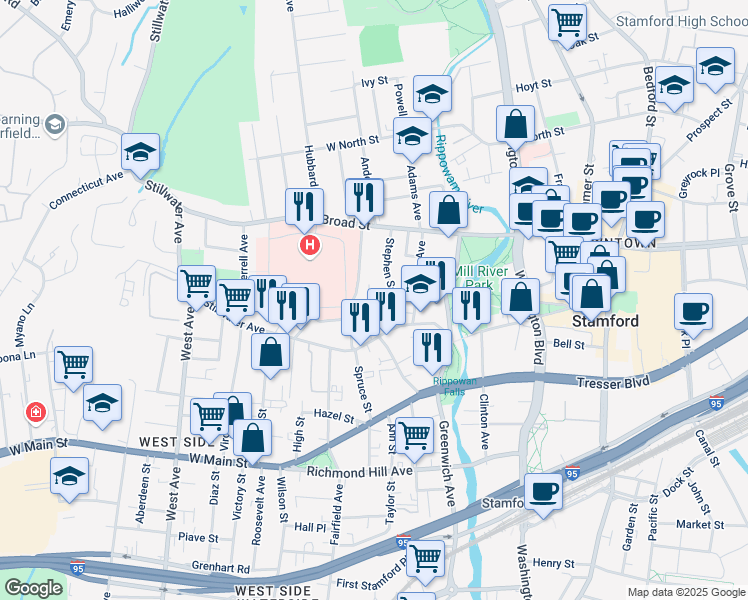 map of restaurants, bars, coffee shops, grocery stores, and more near 39 Alden Street in Stamford