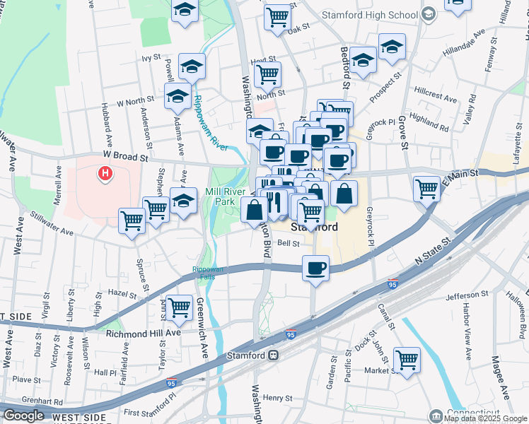 map of restaurants, bars, coffee shops, grocery stores, and more near 74 West Park Place in Stamford