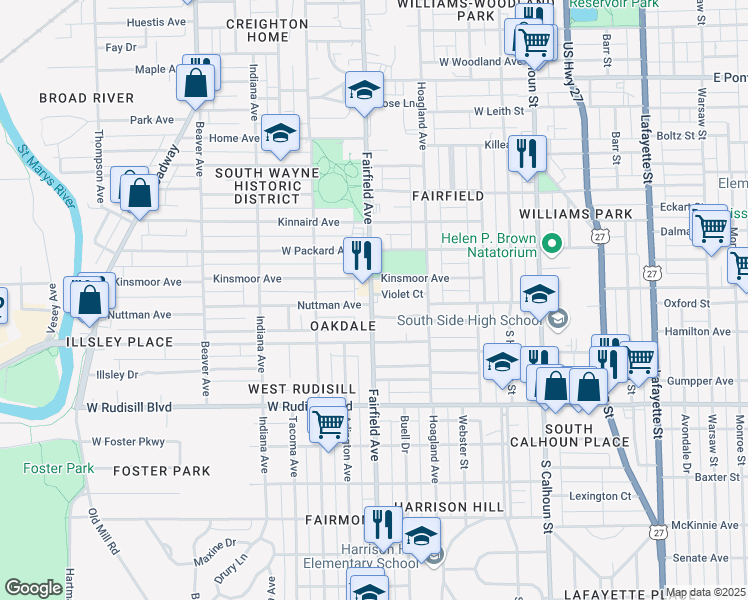 map of restaurants, bars, coffee shops, grocery stores, and more near 3501 Fairfield Avenue in Fort Wayne