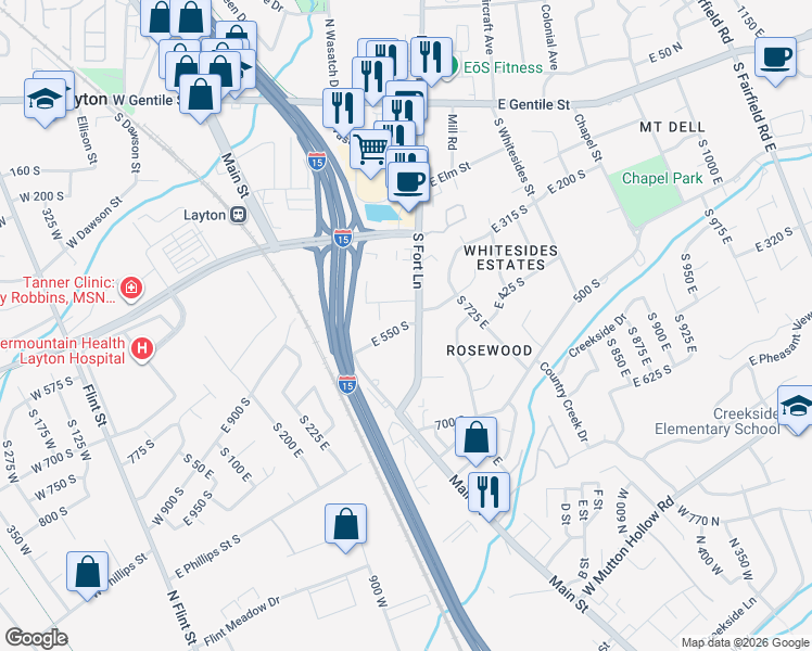 map of restaurants, bars, coffee shops, grocery stores, and more near 464 East 550 South in Layton