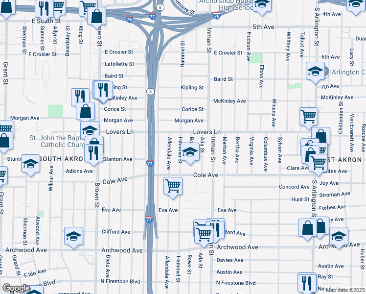 map of restaurants, bars, coffee shops, grocery stores, and more near 887 Hammel Street in Akron