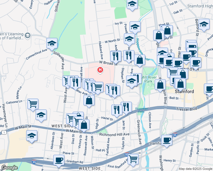 map of restaurants, bars, coffee shops, grocery stores, and more near 29 Hospital Plaza in Stamford