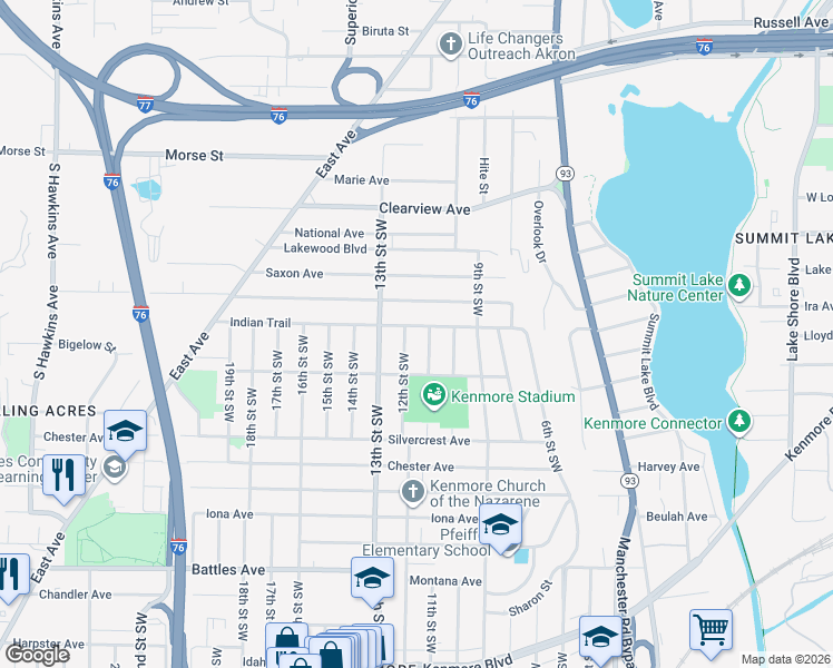 map of restaurants, bars, coffee shops, grocery stores, and more near 840 Indian Trail in Akron