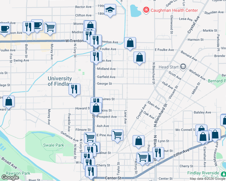 map of restaurants, bars, coffee shops, grocery stores, and more near 1024 Cypress Avenue in Findlay