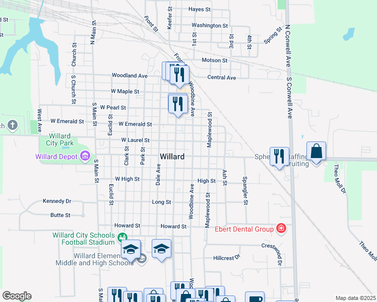 map of restaurants, bars, coffee shops, grocery stores, and more near 416 Woodbine Avenue in Willard