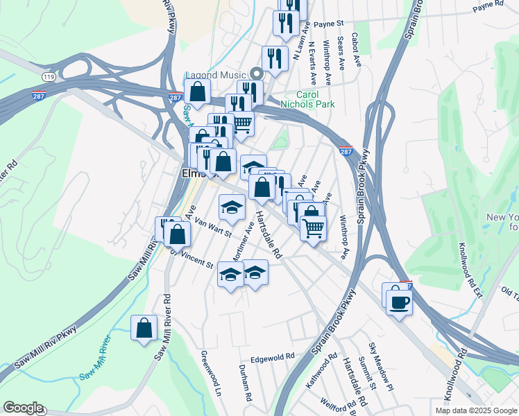 map of restaurants, bars, coffee shops, grocery stores, and more near 68 East Main Street in Elmsford