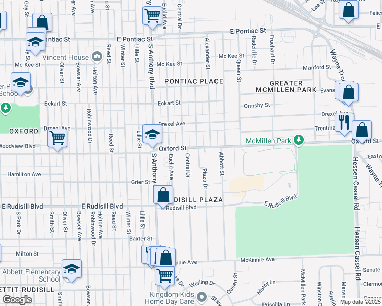 map of restaurants, bars, coffee shops, grocery stores, and more near 3507 Central Drive in Fort Wayne