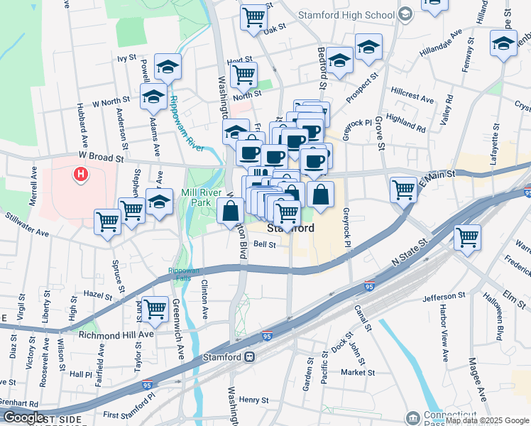 map of restaurants, bars, coffee shops, grocery stores, and more near 37 Summer Street in Stamford