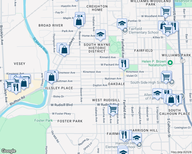 map of restaurants, bars, coffee shops, grocery stores, and more near 826 Nuttman Avenue in Fort Wayne