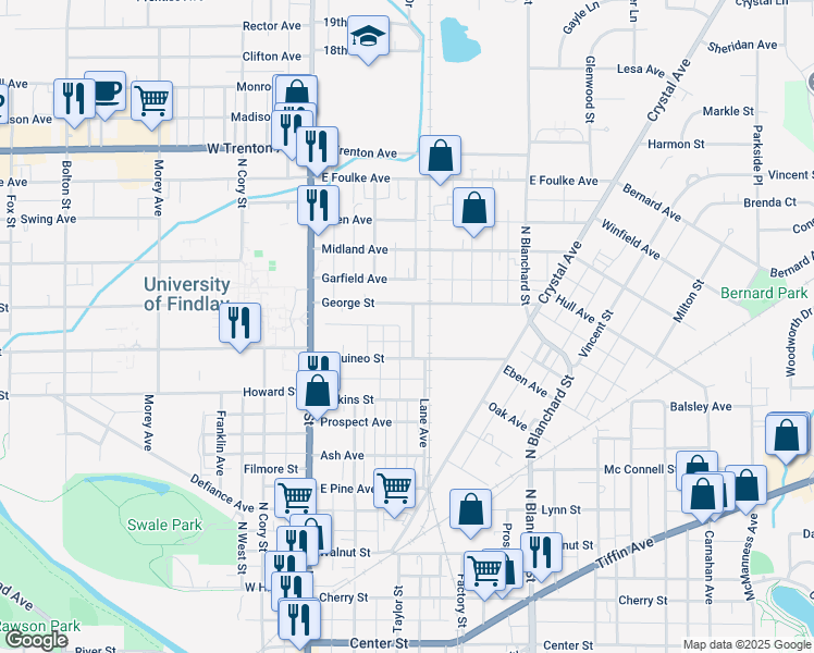 map of restaurants, bars, coffee shops, grocery stores, and more near 1026 Cedar Avenue in Findlay