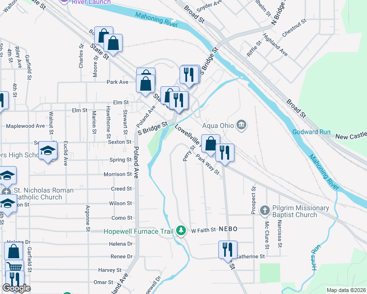 map of restaurants, bars, coffee shops, grocery stores, and more near 118 Park Way Street in Struthers