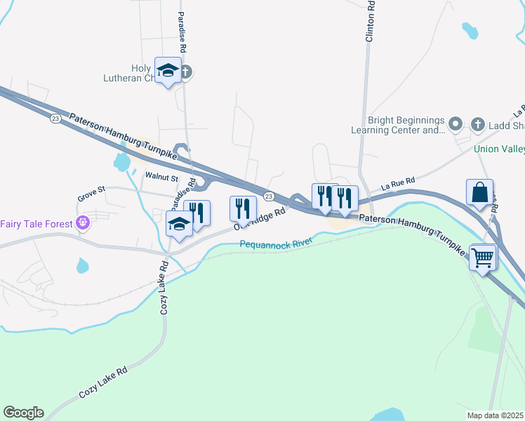 map of restaurants, bars, coffee shops, grocery stores, and more near 12 Oak Ridge Road in West Milford