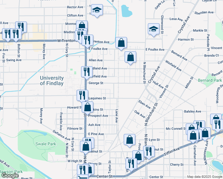 map of restaurants, bars, coffee shops, grocery stores, and more near 1026 Cedar Avenue in Findlay