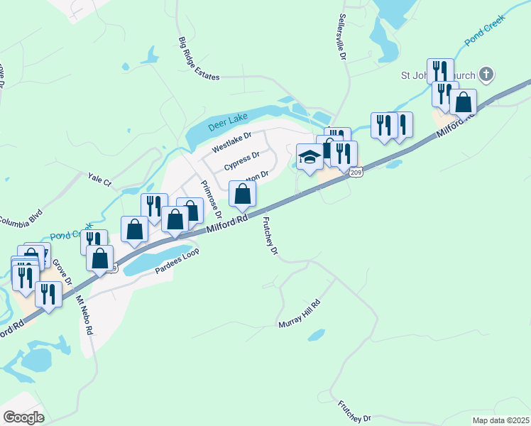 map of restaurants, bars, coffee shops, grocery stores, and more near 5793 Milford Road in East Stroudsburg