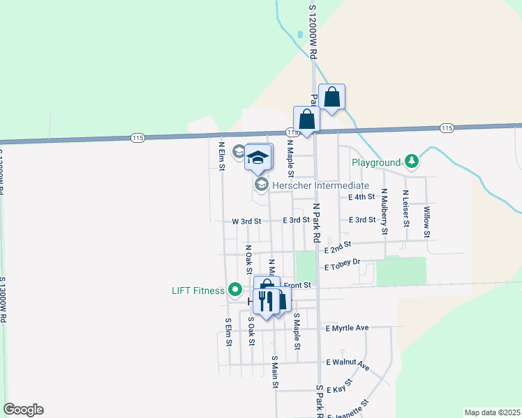 map of restaurants, bars, coffee shops, grocery stores, and more near 341 North Main Street in Herscher