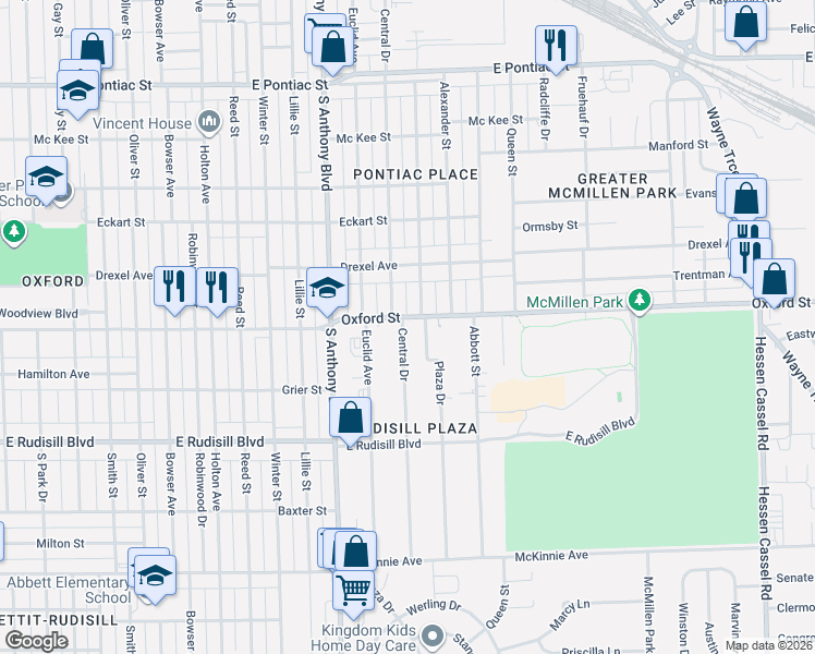 map of restaurants, bars, coffee shops, grocery stores, and more near 3507 Central Drive in Fort Wayne