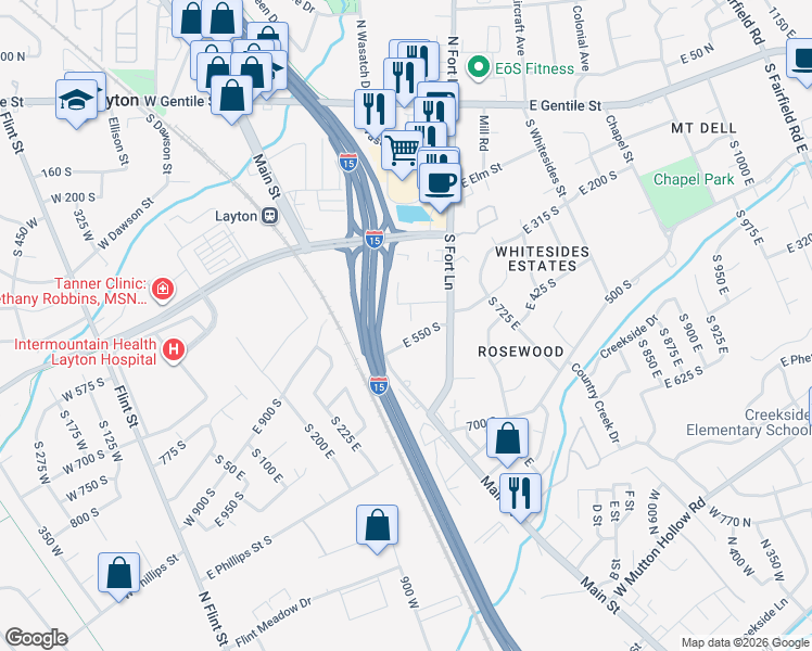 map of restaurants, bars, coffee shops, grocery stores, and more near 355 East 550 South in Layton