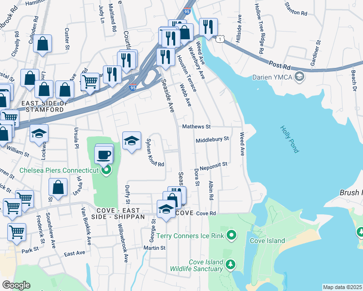 map of restaurants, bars, coffee shops, grocery stores, and more near 162 Seaside Avenue in Stamford