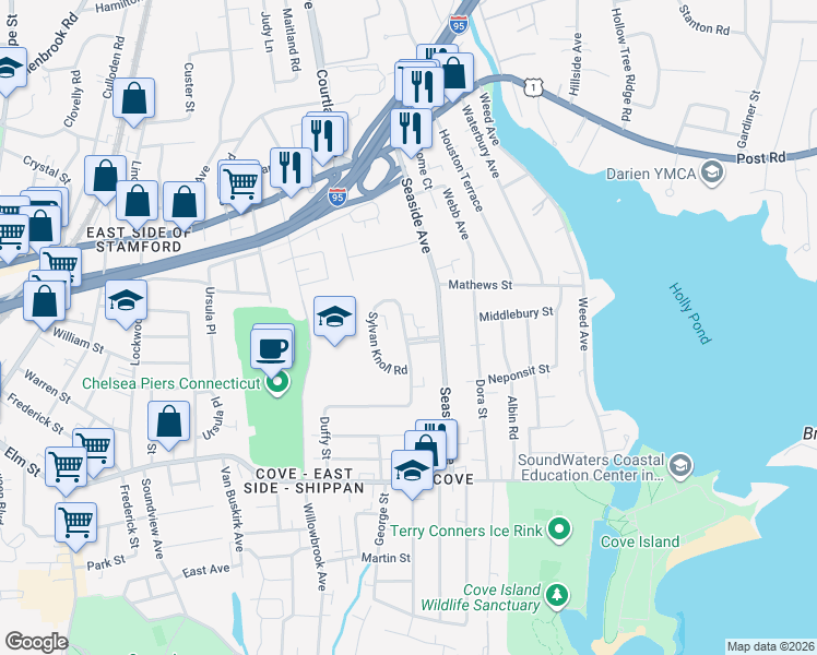 map of restaurants, bars, coffee shops, grocery stores, and more near 161 Sylvan Knoll Road in Stamford
