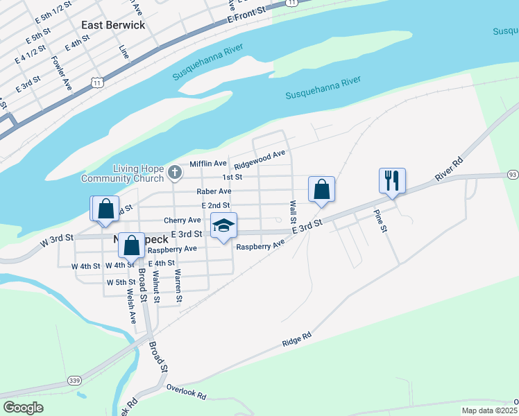 map of restaurants, bars, coffee shops, grocery stores, and more near 201-211 Schley St in Nescopeck