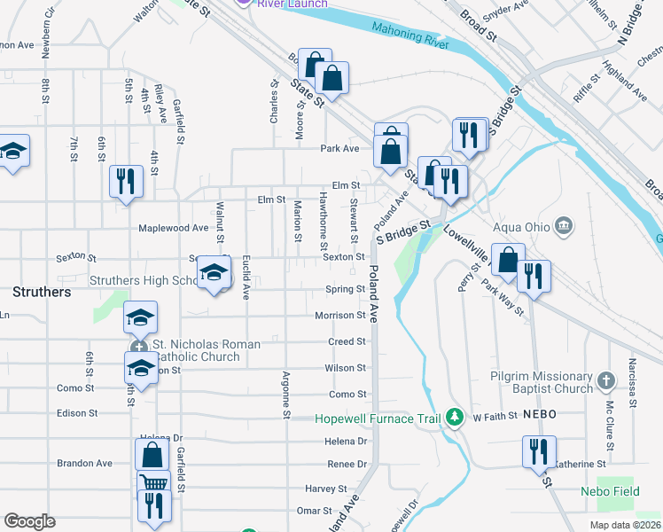 map of restaurants, bars, coffee shops, grocery stores, and more near 42 Sexton Street in Struthers
