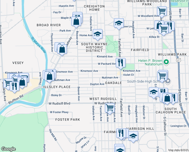 map of restaurants, bars, coffee shops, grocery stores, and more near 816 Nuttman Avenue in Fort Wayne