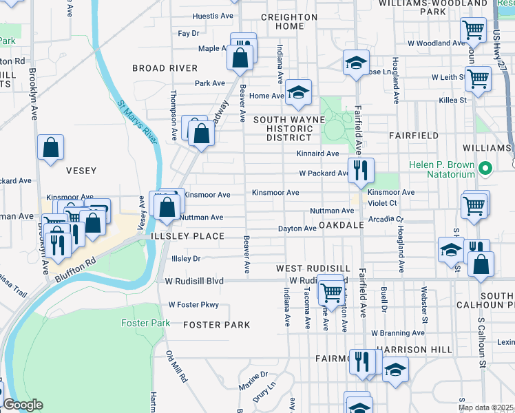 map of restaurants, bars, coffee shops, grocery stores, and more near 924 Nuttman Avenue in Fort Wayne