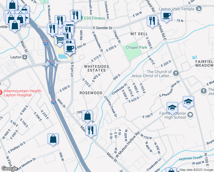 map of restaurants, bars, coffee shops, grocery stores, and more near 767 Rosewood Lane in Layton