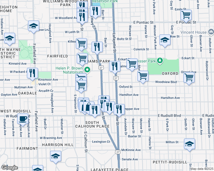 map of restaurants, bars, coffee shops, grocery stores, and more near 3414 Barr Street in Fort Wayne