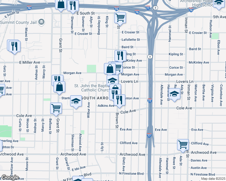 map of restaurants, bars, coffee shops, grocery stores, and more near 1035 Clay Street in Akron