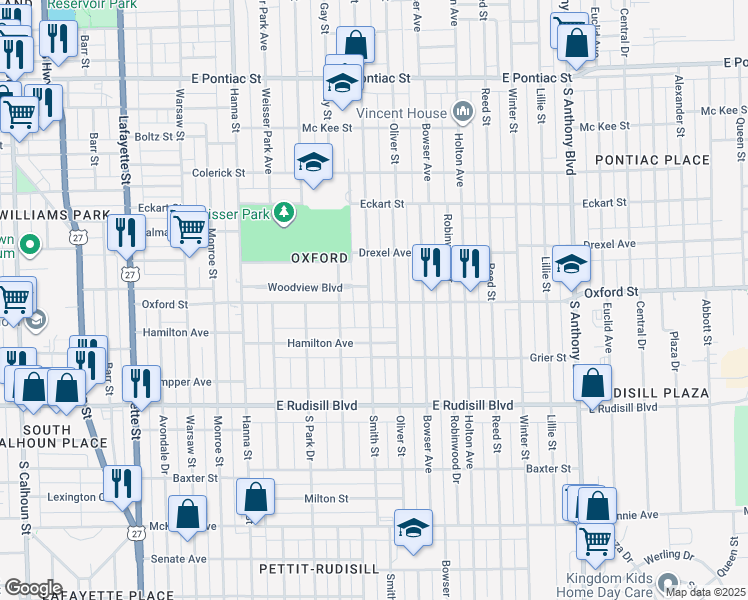 map of restaurants, bars, coffee shops, grocery stores, and more near 1111 Oxford Street in Fort Wayne