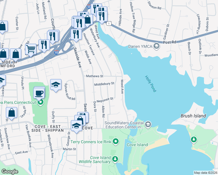 map of restaurants, bars, coffee shops, grocery stores, and more near 10 Andover Road in Stamford