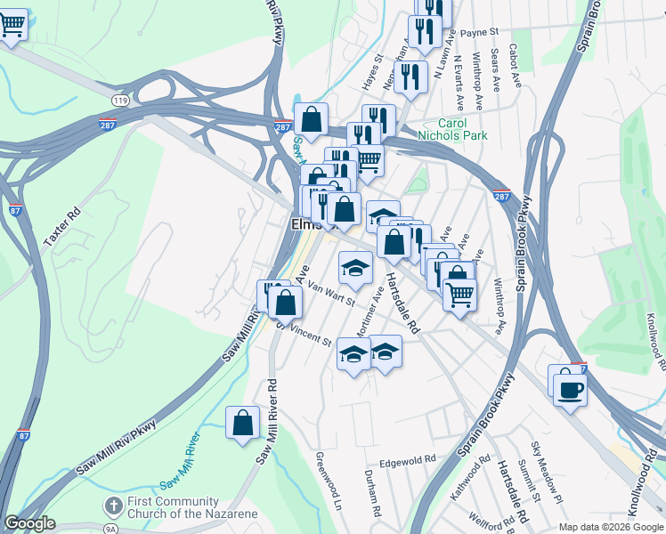 map of restaurants, bars, coffee shops, grocery stores, and more near 16 South Stone Avenue in Elmsford
