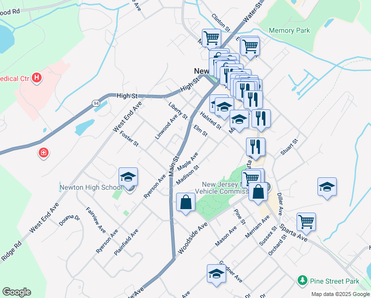 map of restaurants, bars, coffee shops, grocery stores, and more near 125 Main Street in Newton
